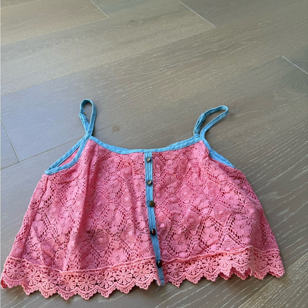 Pink Lace Crop Top with Blue Trim